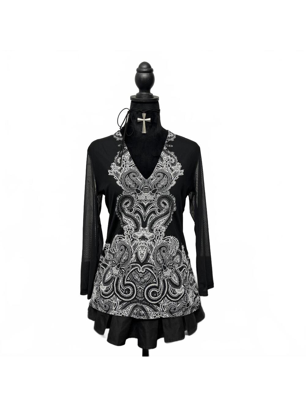 Inc International Concepts Sz S Boho Black & White Paisley Mesh 3/4 Sleeve Top